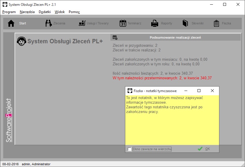 Gwny ekran programu System Obsugi Zlece PL+