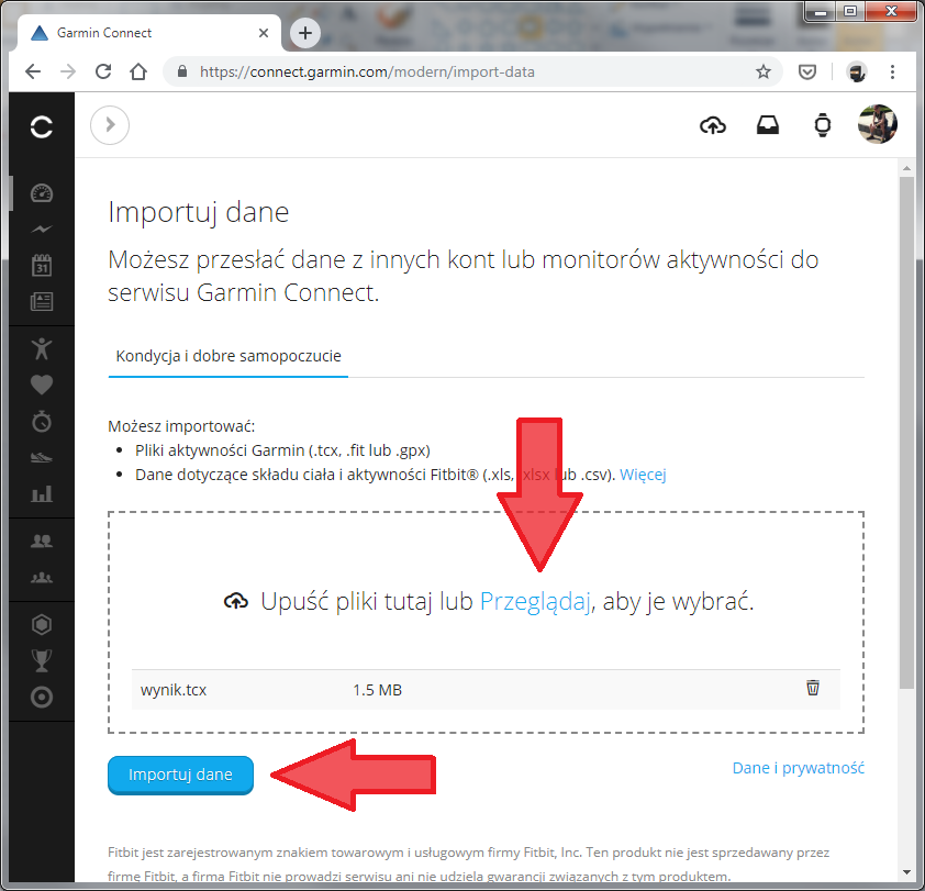 Zaimportowano dane Endomondo-Garmin