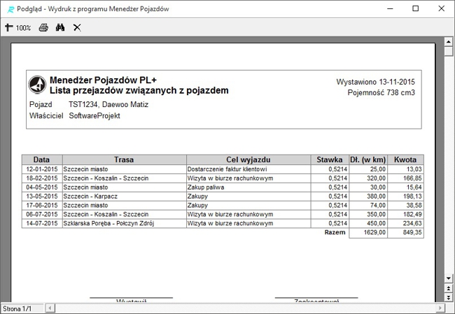Wydruk ewidencji przebiegu pojazdw