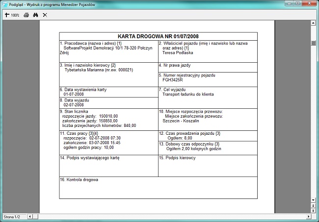 Wydruk karty drogowej