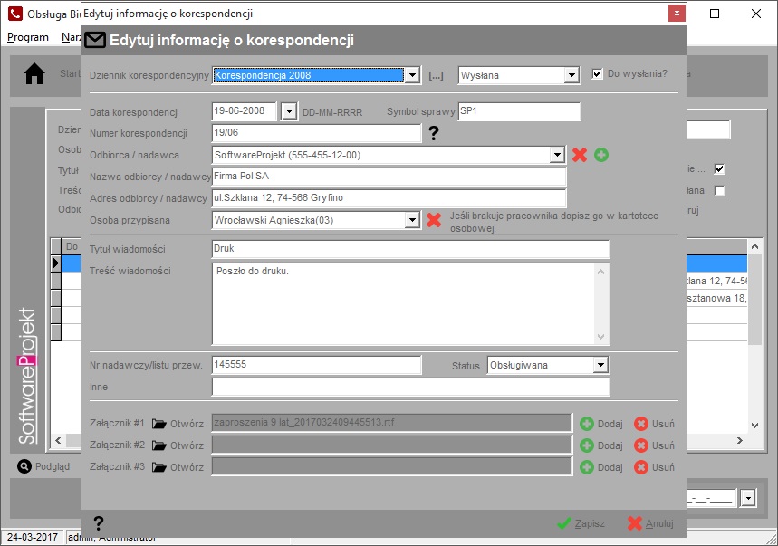 Edycja informacji o korespondencji