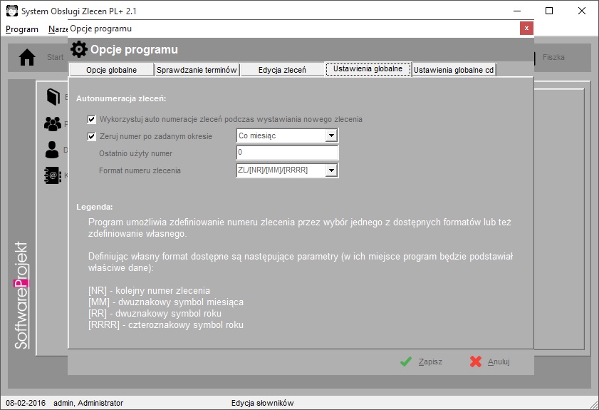 Ustawienie programu - autonumeracja zlece